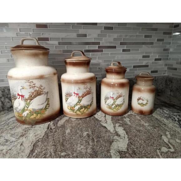 4 Piece Canister Set Ducks Geese Brown Tan